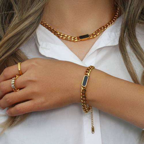 NTSMJ368 Stainless Steel Cuban Chain Bracelet and Square Link Necklace Jewelry Set for Men Stylish Accessories