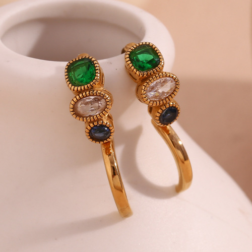 ETSMJ746 18K Gold Plated Stainless Steel Sapphire and Colorful Gemstone Hoop Earrings Women's Fashion Jewelry