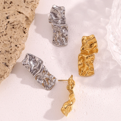 ETSMJ656 18K Gold Plated Stainless Steel Irregular Wrinkle Rectangular Stud Earrings Women's Fashion Jewelry