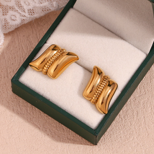 ETSMJ783 18K Gold Plated Stainless Steel Bull Horn Pattern Geometric Diamond Stud Earrings Women's Fashion Jewelry