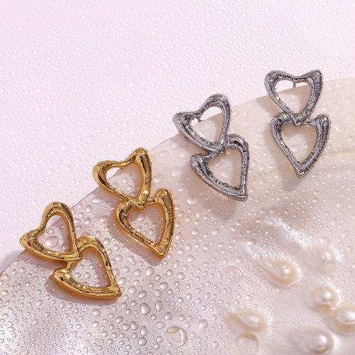 ETSMJ695 18K Gold Plated Stainless Steel Hollow Double Heart Stud Earrings Women's Fashion Jewelry