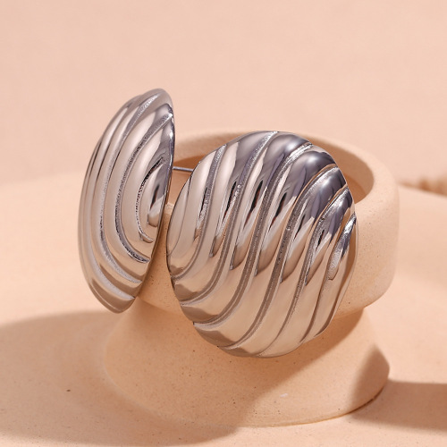 ETSMJ644 18K Gold Plated Stainless Steel Oval Stripe Stud Earrings Women's Fashion Jewelry
