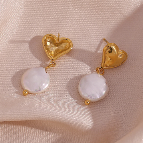 ETSMJ110 18K Gold Plated Stainless Steel Heart Freshwater Pearl Drop Earrings Women's Elegant Jewelry