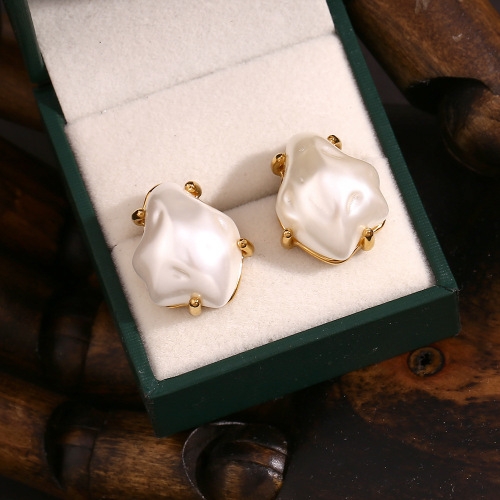 ETSMJ729 18K Gold Plated Stainless Steel Baroque Style Faux Pearl Earrings Women's Luxury Jewelry