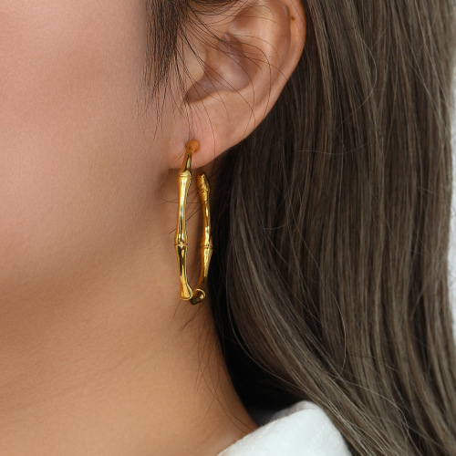 ETSMJ193 18K Gold Plated Stainless Steel Large Bamboo Hoop Earrings Women's Fashion Jewelry