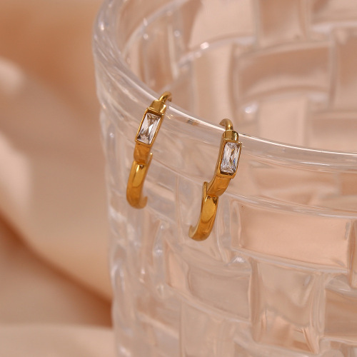 ETSMJ552 Gold Plated Stainless Steel Mini Hoop Earrings with Square Zirconia Women's Fashion Jewelry