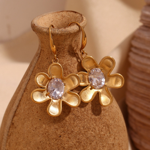 ETSMJ210 18K Gold Plated Stainless Steel Zirconia Flower Petal Drop Earrings Women's Fashion Jewelry