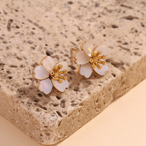 ETSMJ738 18K Gold Plated Stainless Steel Natural Mother of Pearl Cherry Blossom Stud Earrings Women's Fashion Jewelry