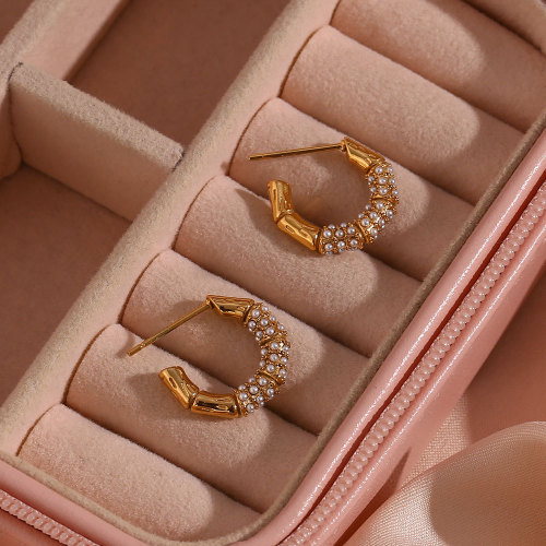 ETSMJ548 18K Gold Plated Stainless Steel C-Shaped Bamboo Micro Pave Hoop Earrings Women's Fashion Jewelry