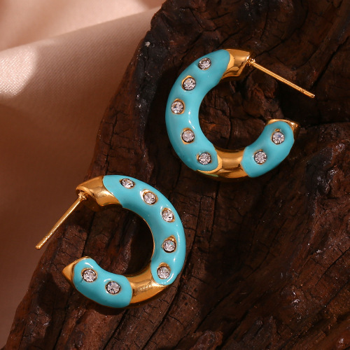 ETSMJ487 18K Gold Plated Stainless Steel Donut Enamel Crystal Earrings Women's Fashion Jewelry