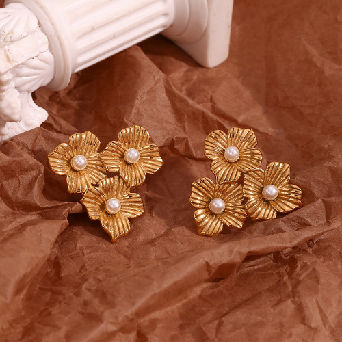 ETSMJ747 18K Gold Plated Stainless Steel Three Flower Pearl Stud Earrings Women's Fashion Jewelry