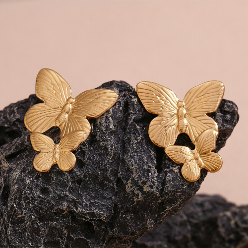 ETSMJ425 18K Gold Plated Stainless Steel Butterfly Earrings Women's Fashion Jewelry with Large and Small Butterflies