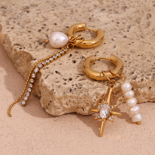 ETSMJ32 Asymmetric Freshwater Pearl Zirconia Star Chain Earrings for Women Stainless Steel Fashion Jewelry