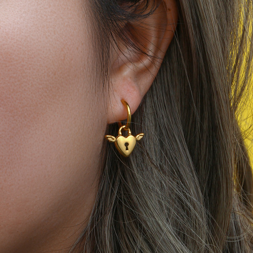 ETSMJ190 18K Gold Plated Stainless Steel Asymmetric Heart Key Wing Earrings Women's Fashion Jewelry