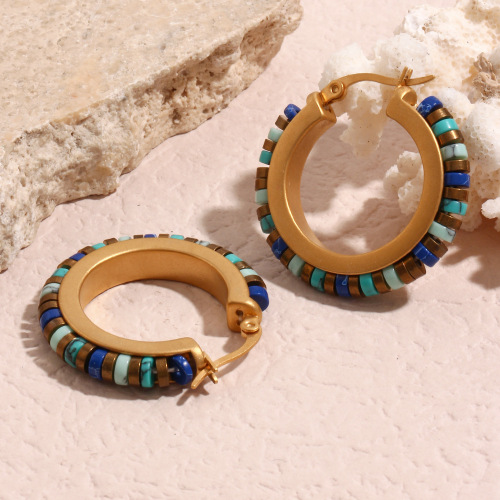 ETSMJ826 18K Gold Plated Stainless Steel Natural Stone Beaded Hoop Earrings Women's Fashion Jewelry