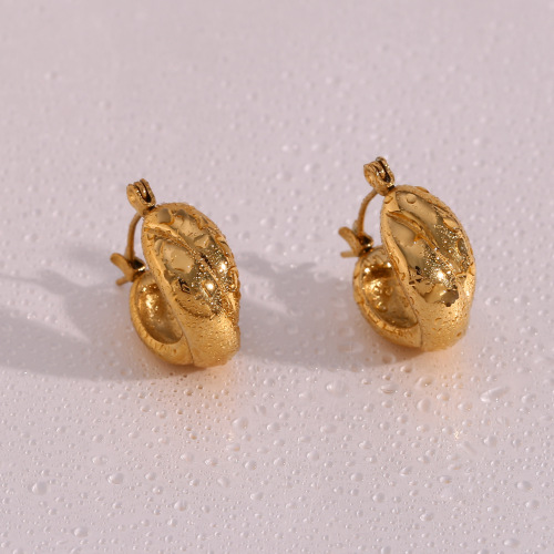 ETSMJ538 18K Gold Plated Stainless Steel Small Chunky Hoop Earrings with Bread Texture Women's Fashion Jewelry