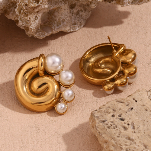 ETSMJ71 18K Gold Plated Stainless Steel Swirl Pearl Earrings for Women Casted Thread Design Fashion Jewelry