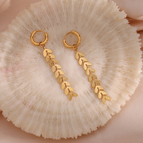 ETSMJ115 18K Gold Plated Stainless Steel Long Leaf and Fish Tail Chain Earrings Women's Fashion Jewelry