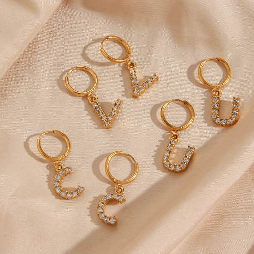 ETSMJ296 18K Gold Plated Stainless Steel Micro-Pave Zircon Letter Earrings Women's Fashion Jewelry