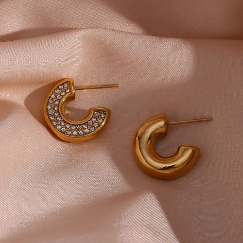 ETSMJ537 Gold Plated Stainless Steel Thick C-Shaped Hoop Earrings with Outer Stone Setting Women's Fashion Jewelry