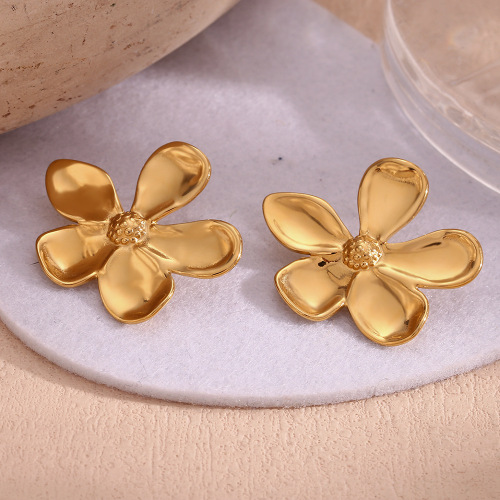 ETSMJ153 18K Gold Plated Stainless Steel Flower Earrings Women's Polished Petal Studs