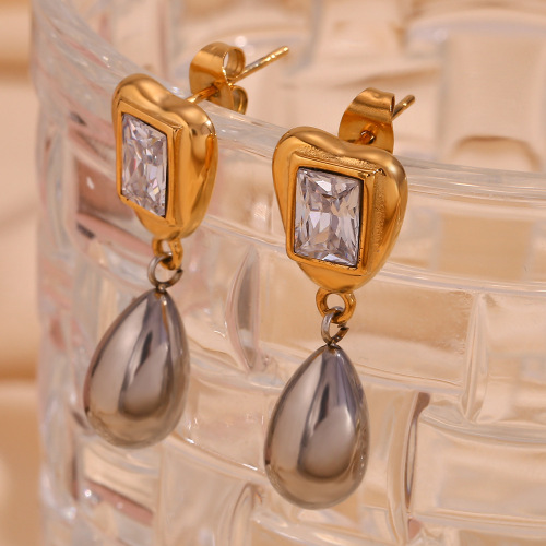 ETSMJ282 18K Gold Plated Stainless Steel Two-Tone Geometric Zirconia Teardrop Earrings Women's Fashion Jewelry