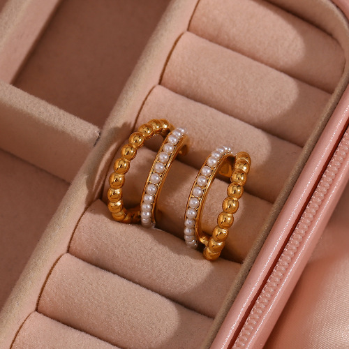 ETSMJ318 Stainless Steel Double Layer Pearl Bead C-Shaped Hoop Earrings for Women Fashion Jewelry