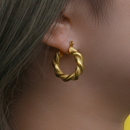 ETSMJ208 18K Gold Plated Stainless Steel Braided Hoop Earrings Women's Fashion Jewelry