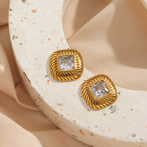 ETSMJ334 18K Gold Plated Stainless Steel Diagonal Diamond Zircon Stud Earrings Women's Elegant Jewelry