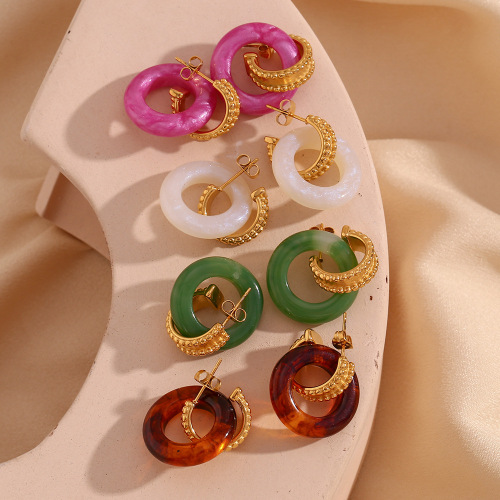 ETSMJ350 18K Gold Plated Stainless Steel Beaded Acrylic Hoop Earrings Women's Colorful Fashion Jewelry