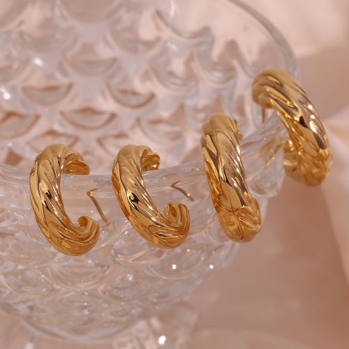 ETSMJ220 18K Gold Plated Stainless Steel Hollow C-Shaped Threaded Hoop Earrings Women's Fashion Jewelry