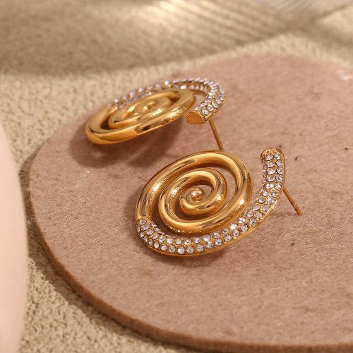 ETSMJ735 18K Gold Plated Stainless Steel Spiral Conch Stud Earrings with Crystals Women's Fashion Jewelry