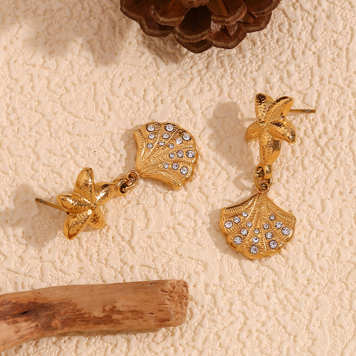 ETSMJ817 18K Gold Plated Stainless Steel Starfish Shell Stud Earrings with Crystals Women's Fashion Jewelry