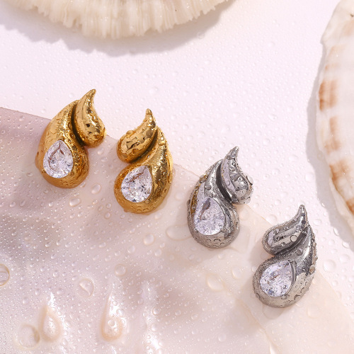 ETSMJ671 18K Gold Plated Stainless Steel Double Teardrop Zirconia Stud Earrings Women's Fashion Jewelry