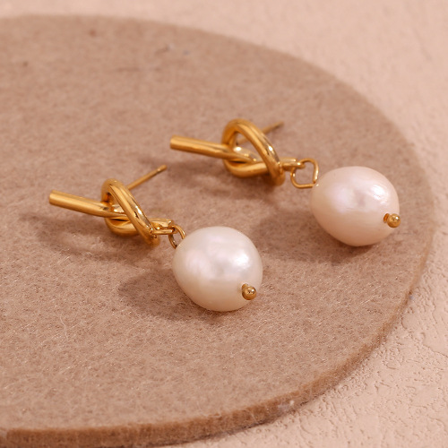 ETSMJ788 18K Gold Plated Stainless Steel Knot Button Freshwater Pearl Stud Earrings Women's Fashion Jewelry