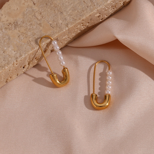 ETSMJ224 Stainless Steel Pearl Safety Pin Hoop Earrings for Women Fashion Jewelry