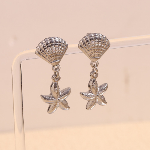 ETSMJ691 18K Gold Plated Stainless Steel Scallop and Starfish Drop Earrings Women's Fashion Jewelry