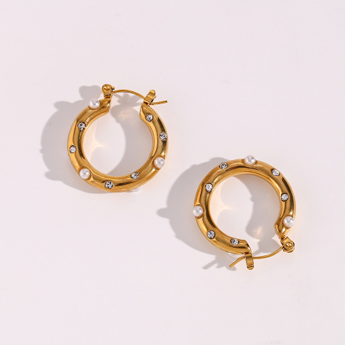 ETSMJ119 18K Gold Plated Stainless Steel Pearl Hoop Earrings with Colorful Zircon Women's Fashion Jewelry