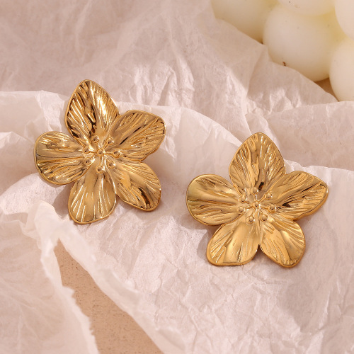 ETSMJ260 18K Gold Plated Stainless Steel Brushed Petal Flower Stud Earrings Women's Fashion Jewelry