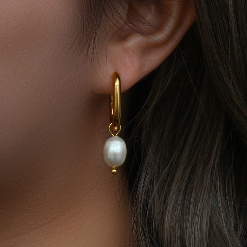 ETSMJ189 18K Gold Plated Stainless Steel U-Shaped Hoop Earrings with Pearl Pendant Women's Fashion Jewelry