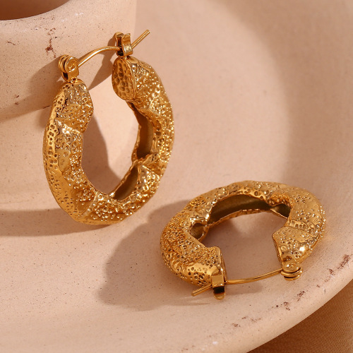 ETSMJ276 18K Gold Plated Stainless Steel Hammered Flat Hoop Earrings Women's Fashion Jewelry