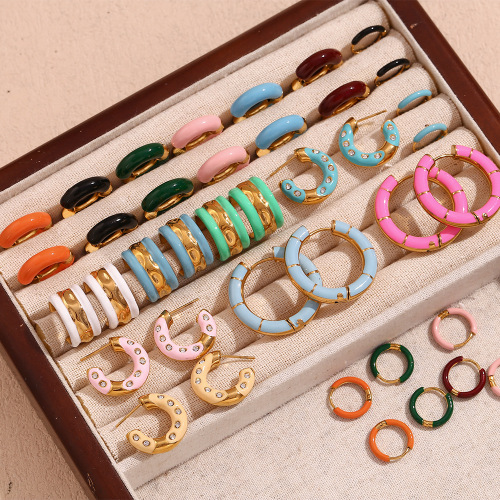 ETSMJ736 18K Gold Plated Stainless Steel Water Ripple Enamel Donut Hoop Earrings Women's Fashion Jewelry