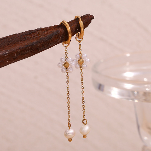 ETSMJ131 18K Gold Plated Stainless Steel Mini Hoop Earrings with Handmade Pearl Flower Chain Women's Fashion Jewelry