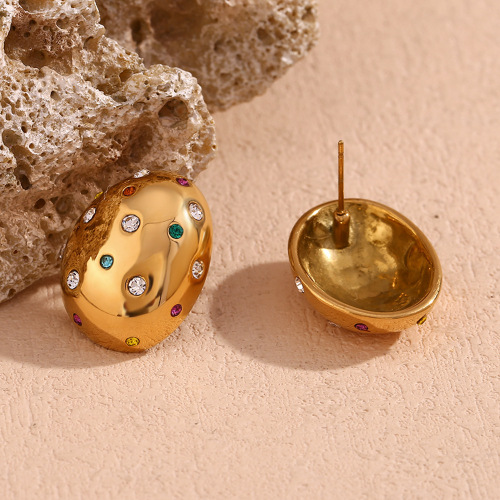 ETSMJ769 18K Gold Plated Stainless Steel Oval Stud Earrings with Colorful Zirconia Women's Fashion Jewelry