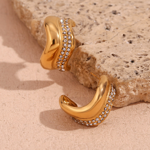 ETSMJ407 18K Gold Plated Stainless Steel Half-Paved Wave C-Shaped Earrings Women's Elegant Fashion Jewelry