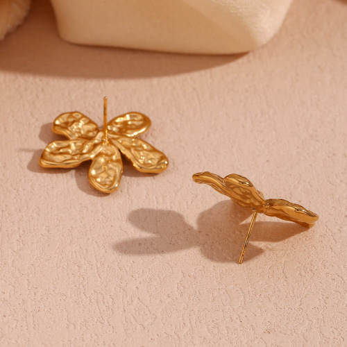 ETSMJ663 18K Gold Plated Stainless Steel Hammered Five-Petal Flower Stud Earrings Women's Fashion Jewelry
