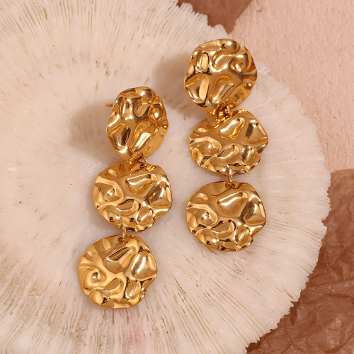 ETSMJ688 18K Gold Plated Stainless Steel Hammered Disc Drop Earrings Women's Fashion Jewelry
