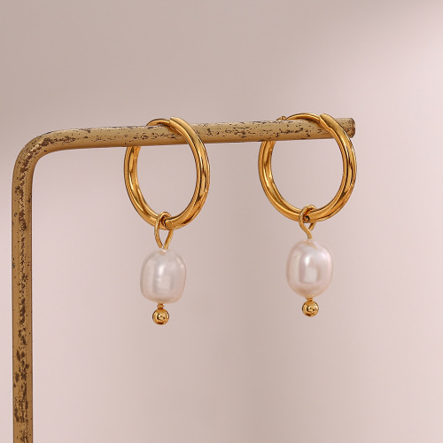 ETSMJ48 18K Gold Plated Stainless Steel Freshwater Pearl Hoop Earrings for Women Elegant Jewelry