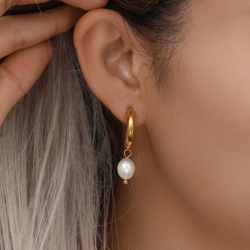 ETSMJ333 18K Gold Plated Stainless Steel Single Freshwater Pearl Hoop Earrings Women's Fashion Jewelry