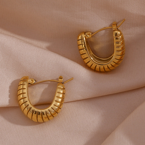 ETSMJ513 18K Gold Plated Stainless Steel U-Shaped Striped Curved Hoop Earrings Women's Spring Fashion Jewelry